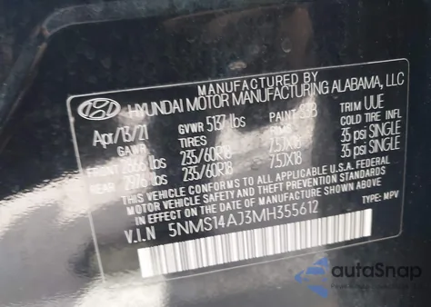 2021 Hyundai Santa Fe Se from USA, damaged, VIN 5NMS14AJ3MH355612
